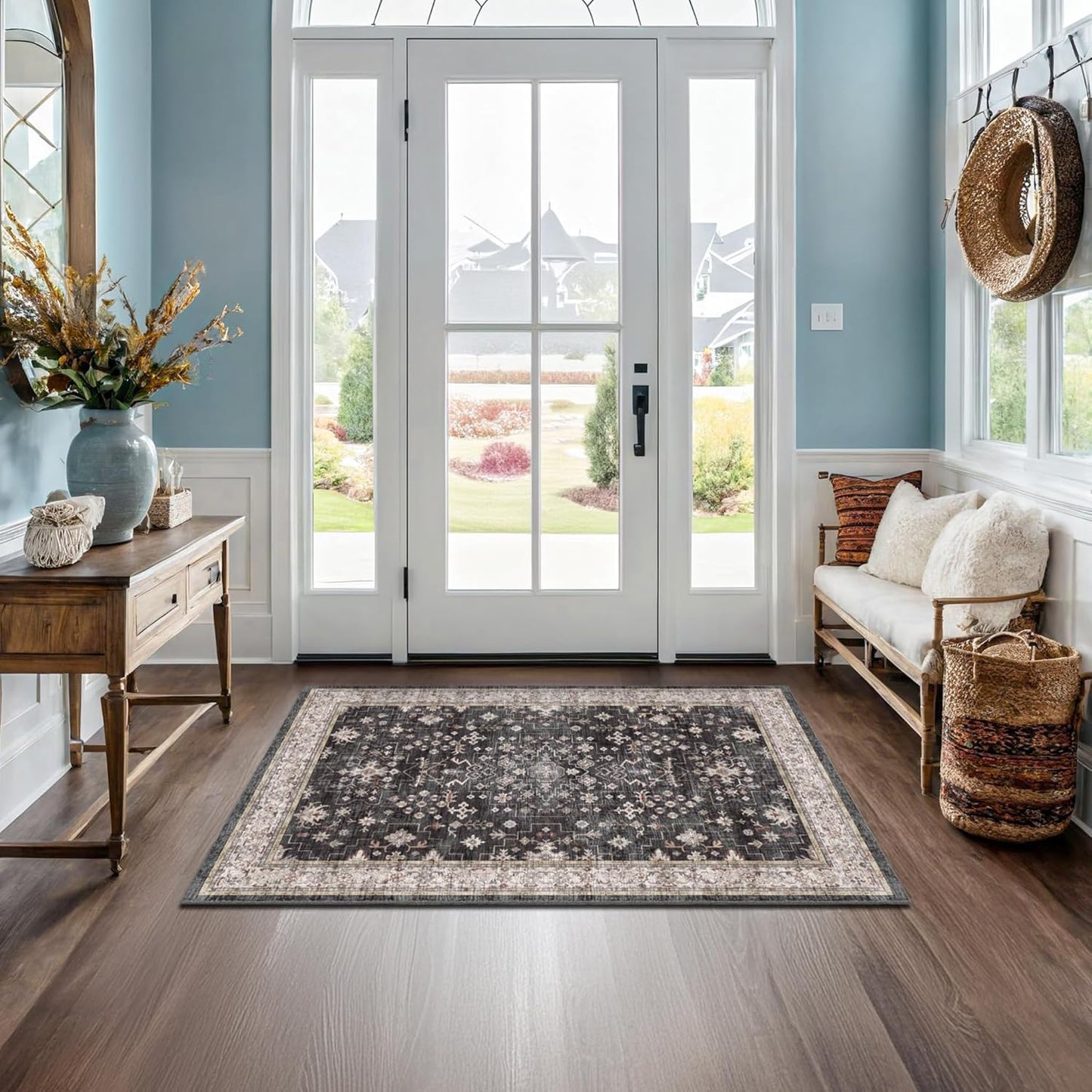 Black Boho Washable Entry Rug, 3x4 Rugs for Entryway Kitchen Bathroom Door Mat Indoor Entrance, Non Slip Rubber Backing, Stain & Fade Resistant, Ashen Charcoal Floral Design