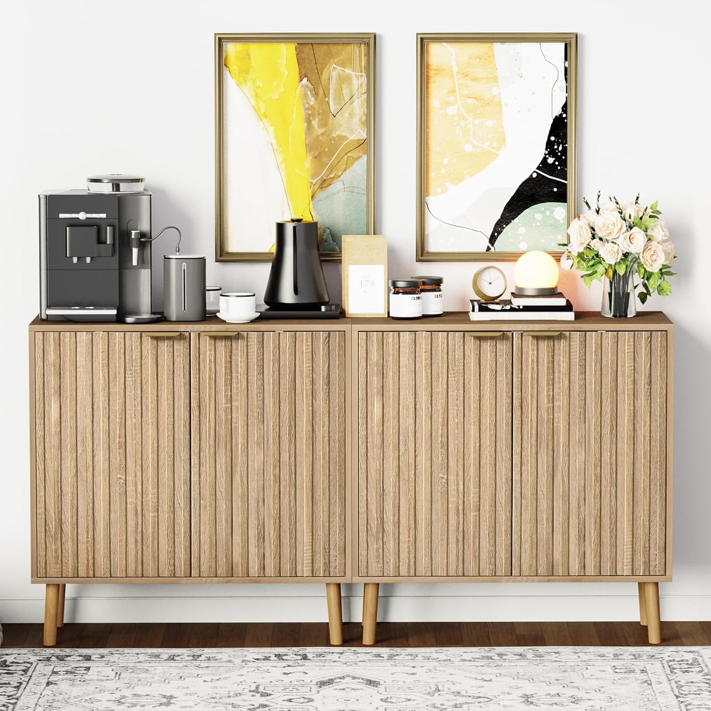 Fluted Storage Cabinet, Free Standing Buffet, Wood Sideboard, Multifunctional Accent Storage for Living Room, Hallway, Entryway, Dining Room (1, Oak)