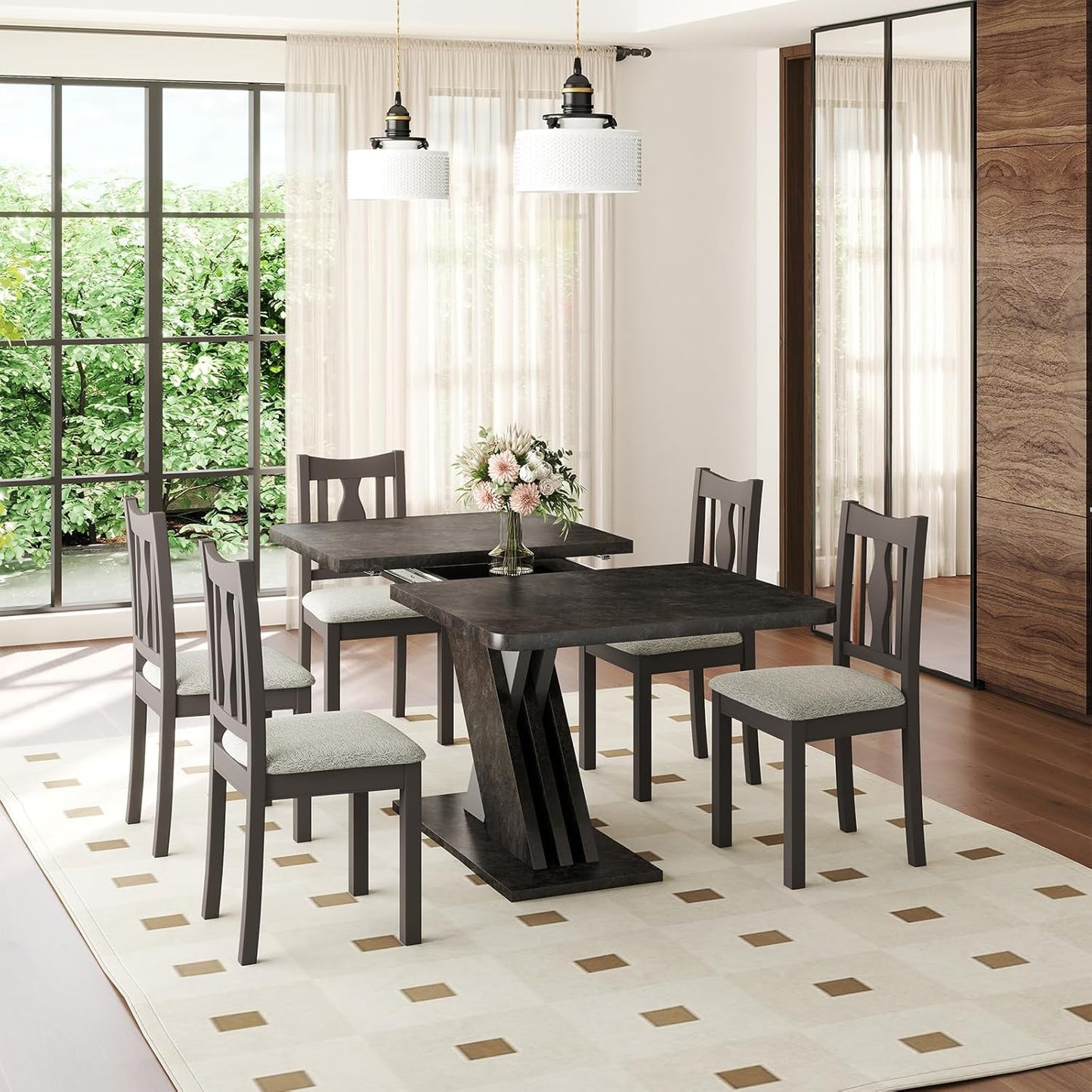 55"-70.87" Expandable Dining Table, Dinner Table for 4-8, Farmhouse Kitchen Table with X-Shaped Design Base, Rectangular Long Kitchen Table with Metal Track for Dining Room, Office-Marble