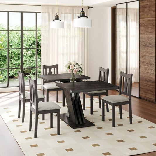 55"-70.87" Expandable Dining Table, Dinner Table for 4-8, Farmhouse Kitchen Table with X-Shaped Design Base, Rectangular Long Kitchen Table with Metal Track for Dining Room, Office-Marble