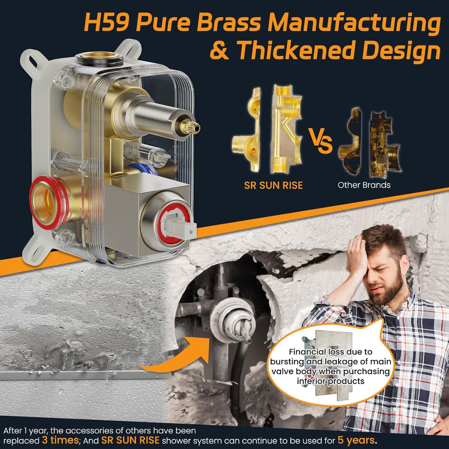 SR SUN RISE Shower Faucet Set Bathroom Square Rain Shower Head with Handheld Spray Wall Mounted Rainfall Shower Fixtures Brushed Nickel Shower Faucet Trim Repair Kits (Contain Shower Valve)10 Inches