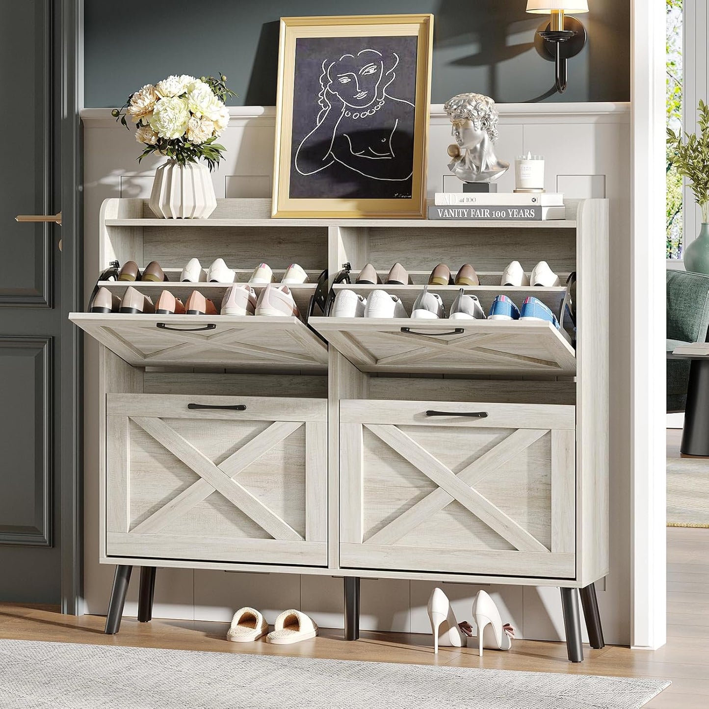 Maupvit Large Shoe Storage Cabinet with 4 Flip Drawers, Narrow Shoe Cabinet for Entryway with Wooden Legs, Freestanding Hidden Shoe Rack Organizer ＆ Metal Hinges, Beige