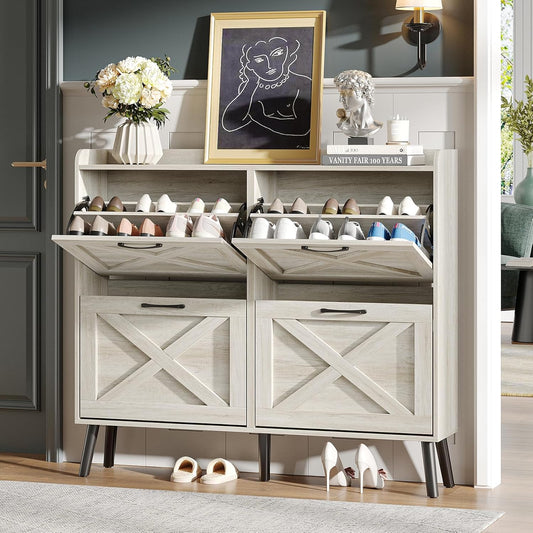 Maupvit Large Shoe Storage Cabinet with 4 Flip Drawers, Narrow Shoe Cabinet for Entryway with Wooden Legs, Freestanding Hidden Shoe Rack Organizer ＆ Metal Hinges, Beige