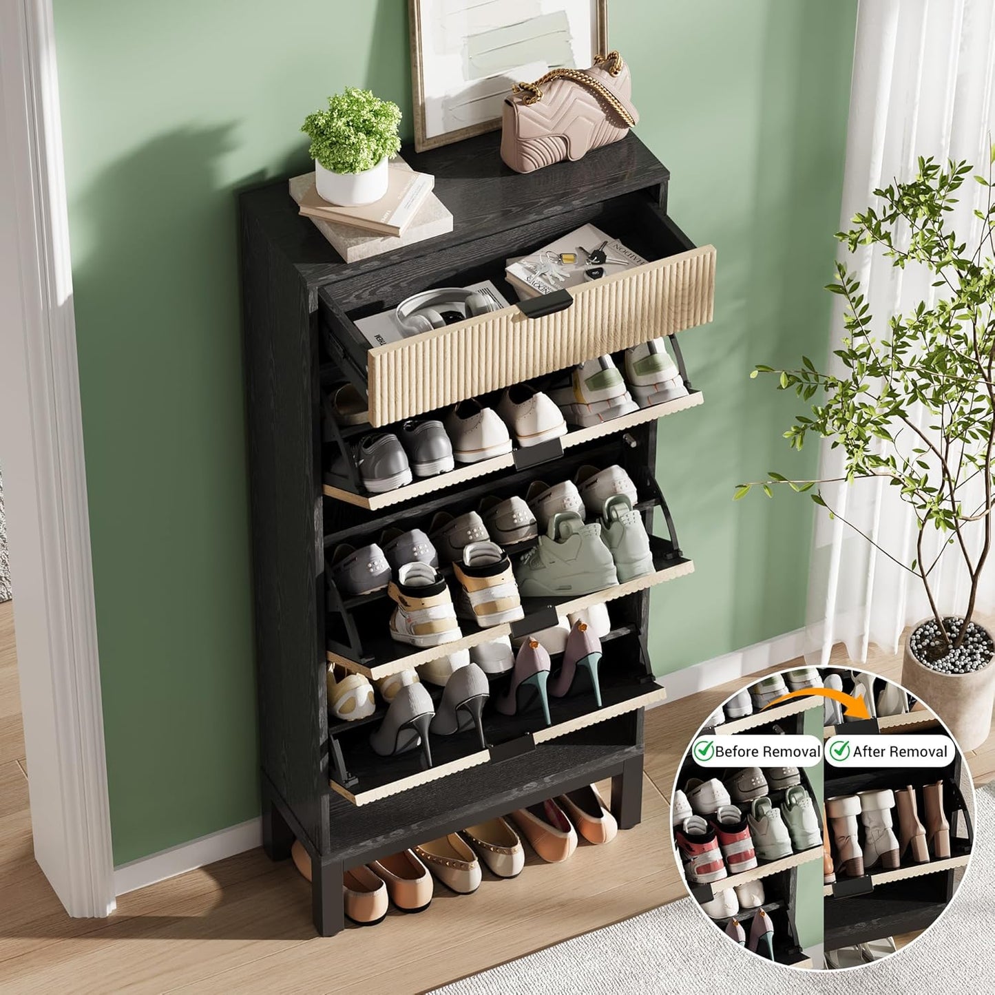 GarveeHome Shoe Cabinet with 3 Flip Doors & 1 Drawer, Entrance Wooden Shoe Rack with Iron Legs, Slim Shoe Storage Cabinet, Modern Fluted Shoe Organizer for Entryway Hallway, Black+Oak