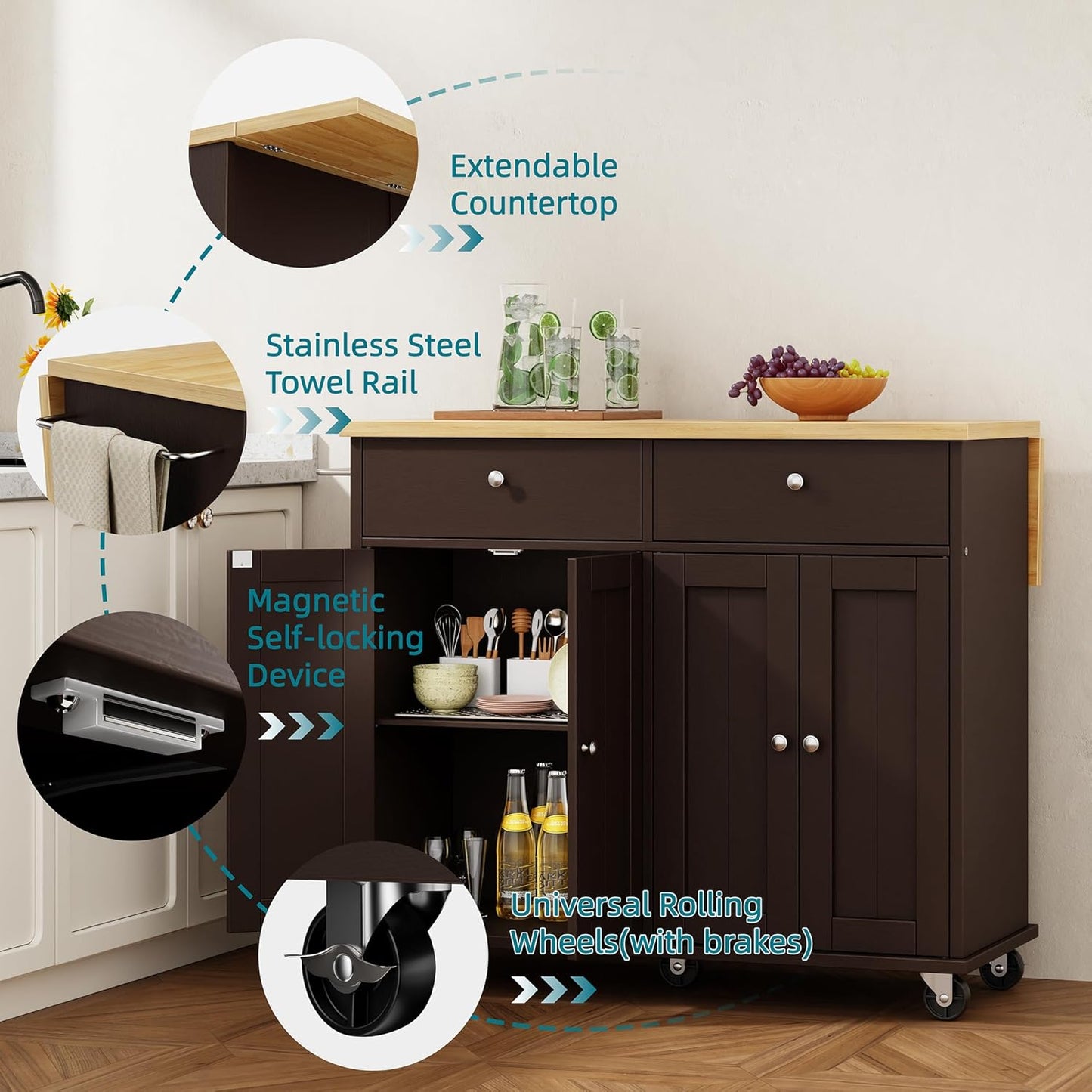 Shintenchi Kitchen Island with Drop Leaf, Rolling Kitchen Cart with Storage on Wheels, Table Bar Cart for Kitchen with Towel Rack & Seating Area for Dining Room, Brown