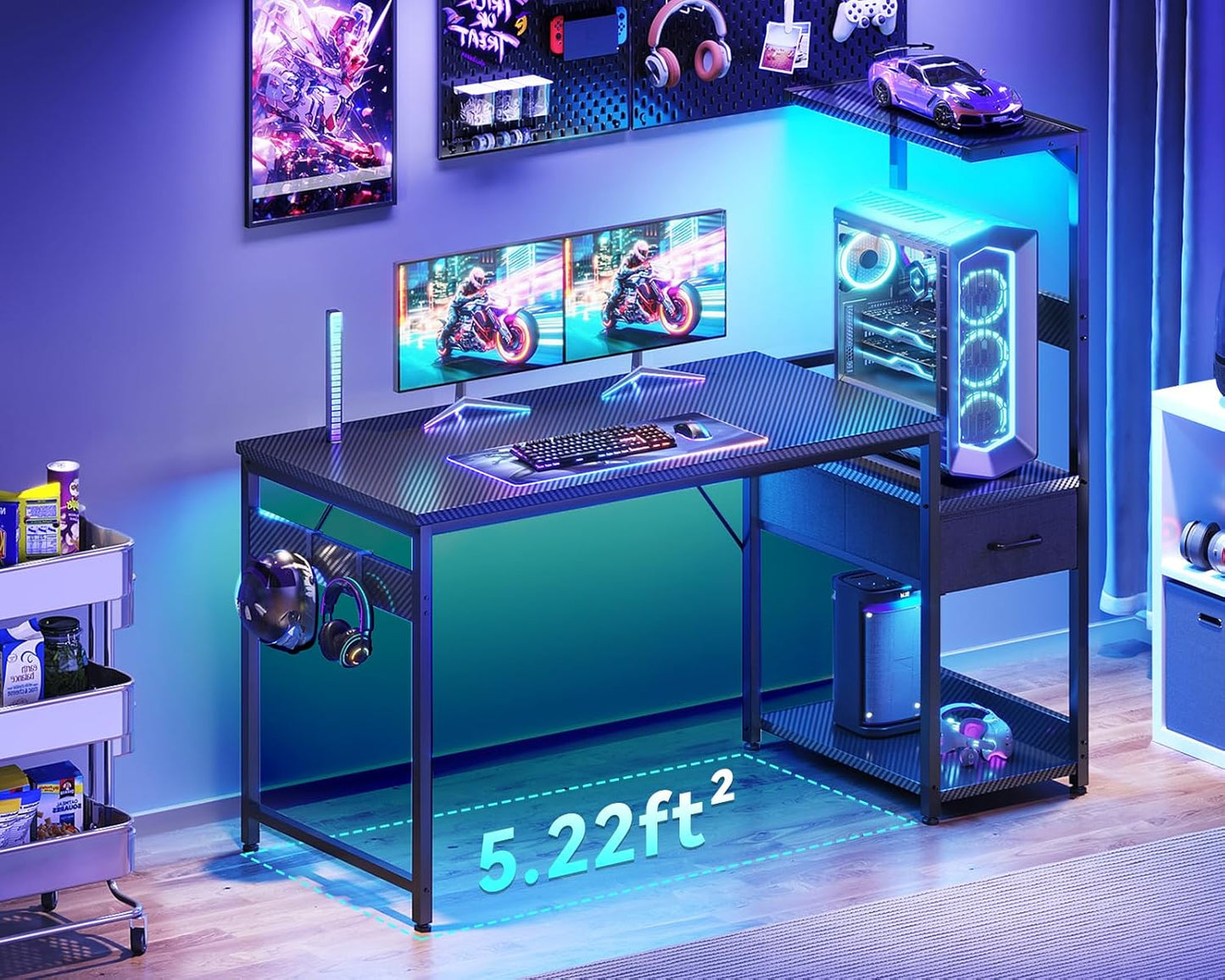 Casaottima 48 Inch Gaming Desk with Storage & LED Lights, Reversible Computer Desk with Display Shelves & Fabric Drawer, Modern Gamer Desk Table with Side Headphone Hook, Carbon Fiber Black