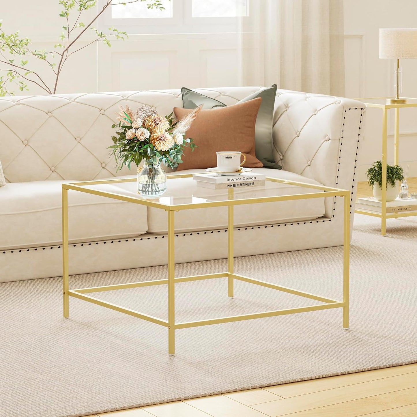 Glass Coffee Table, Modern Square Coffee Table for Living Room, Minimalist Center Tea Table with Sturdy Metal Frame for Apartment, Office, Easy Assembly, 27.6 x 27.6 x 17.7 Inches, Golden