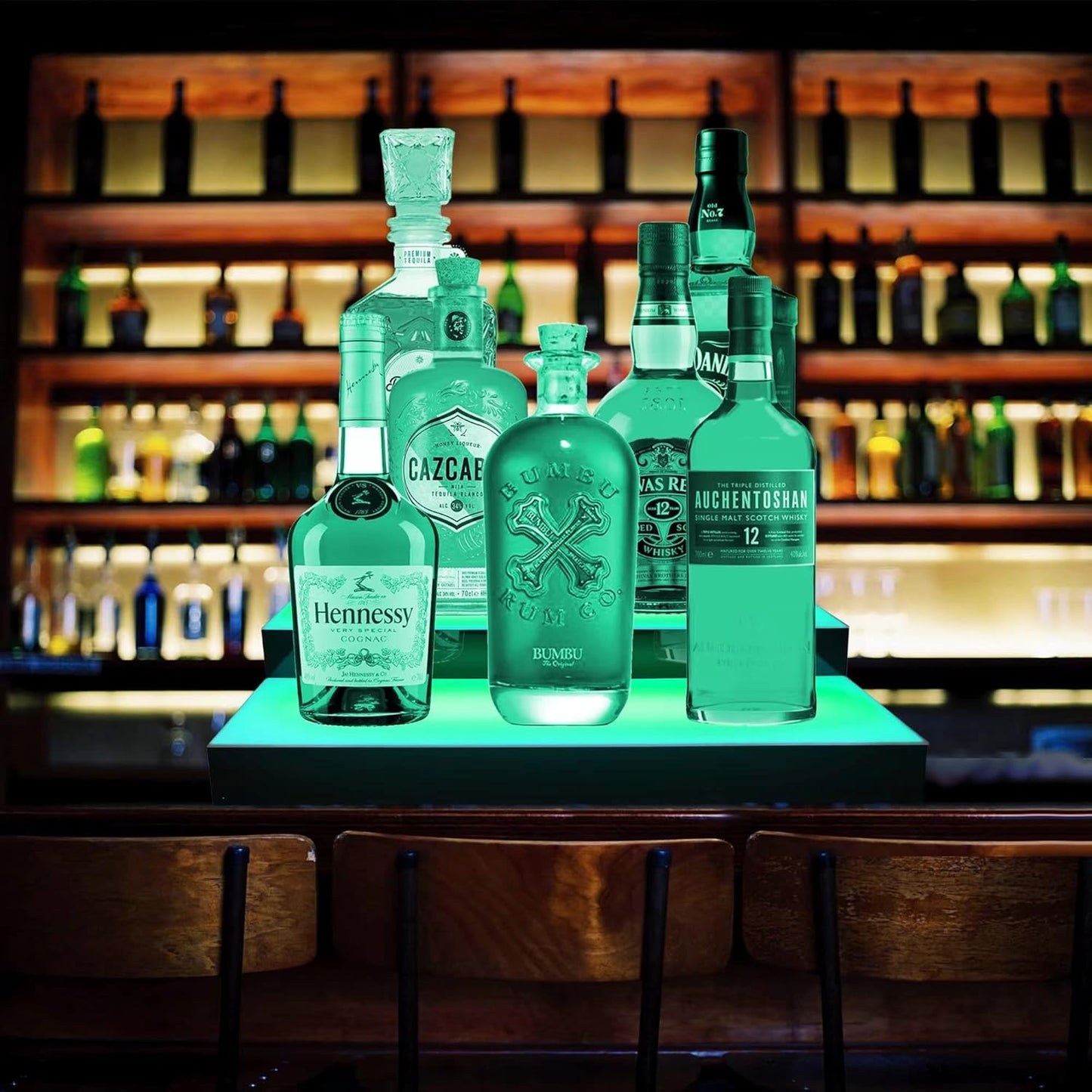 Royxen LED Lighted Liquor Bottle Shelf 3 Tier, 16 Inch Bar Shelf with Remote, Bottle Stand Multi-Color Lighting Modes for Bars