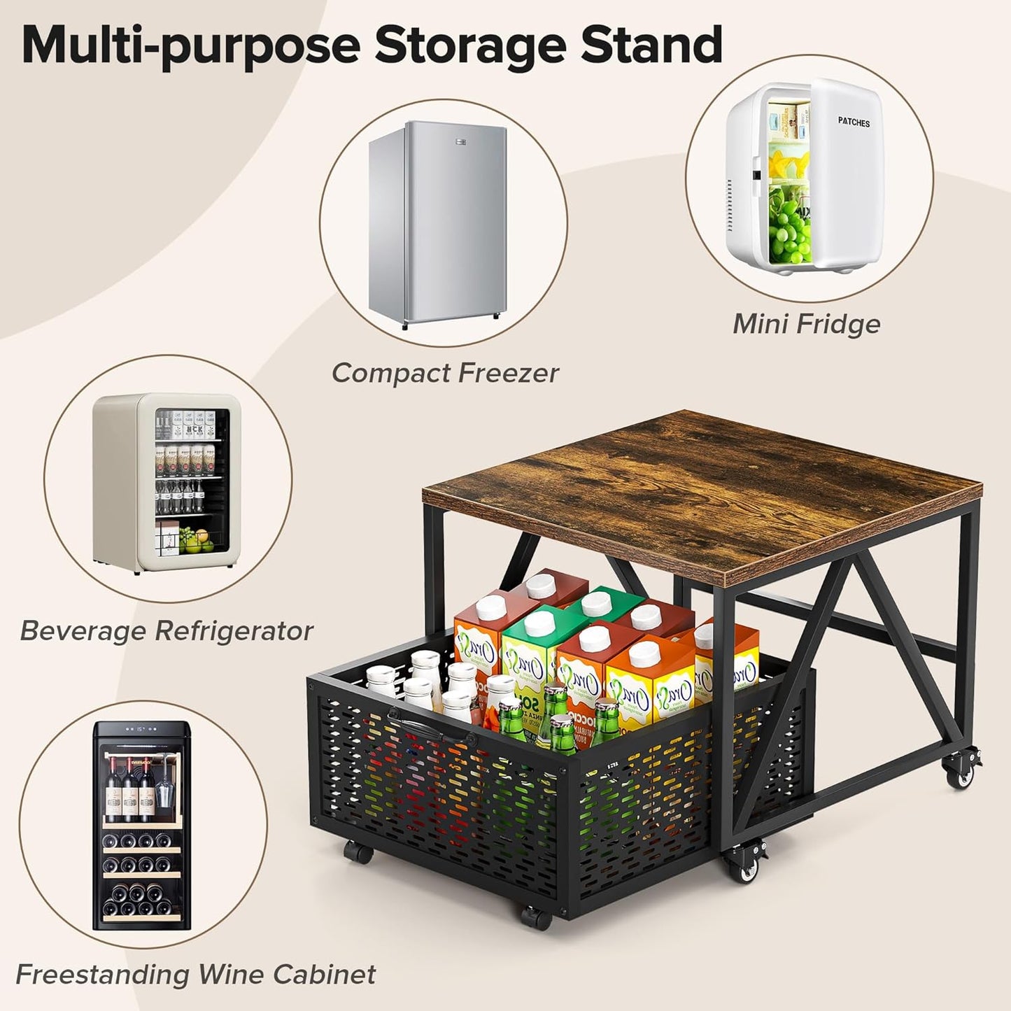 Urban Deco Mini Fridge Stand with Storage, Heavy Duty Fridge Cart with Drawer Basket, Mini Refrigerator Table for 220 LBS, Mobile Fridge Stand with Swivel Wheels for Dorm,Office,Home,Retro Brown