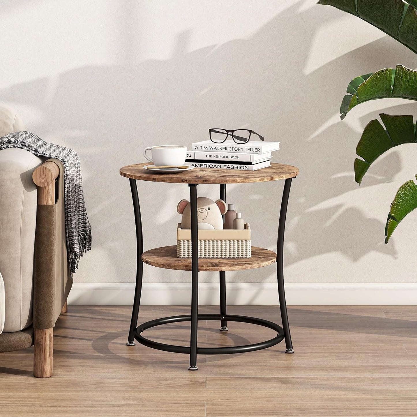 BOFENG Round Coffee Table Side Table,Round End Table with 2 Storage Shelves for Living Room, Bedroom,Small Space,Coffee Table Nightstand with Sturdy Metal Frame,Easy Assembly,Rustic Brown