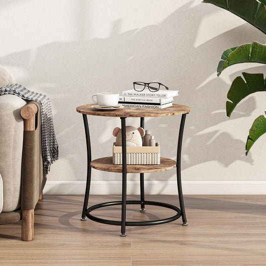 BOFENG Round Coffee Table Side Table,Round End Table with 2 Storage Shelves for Living Room, Bedroom,Small Space,Coffee Table Nightstand with Sturdy Metal Frame,Easy Assembly,Rustic Brown