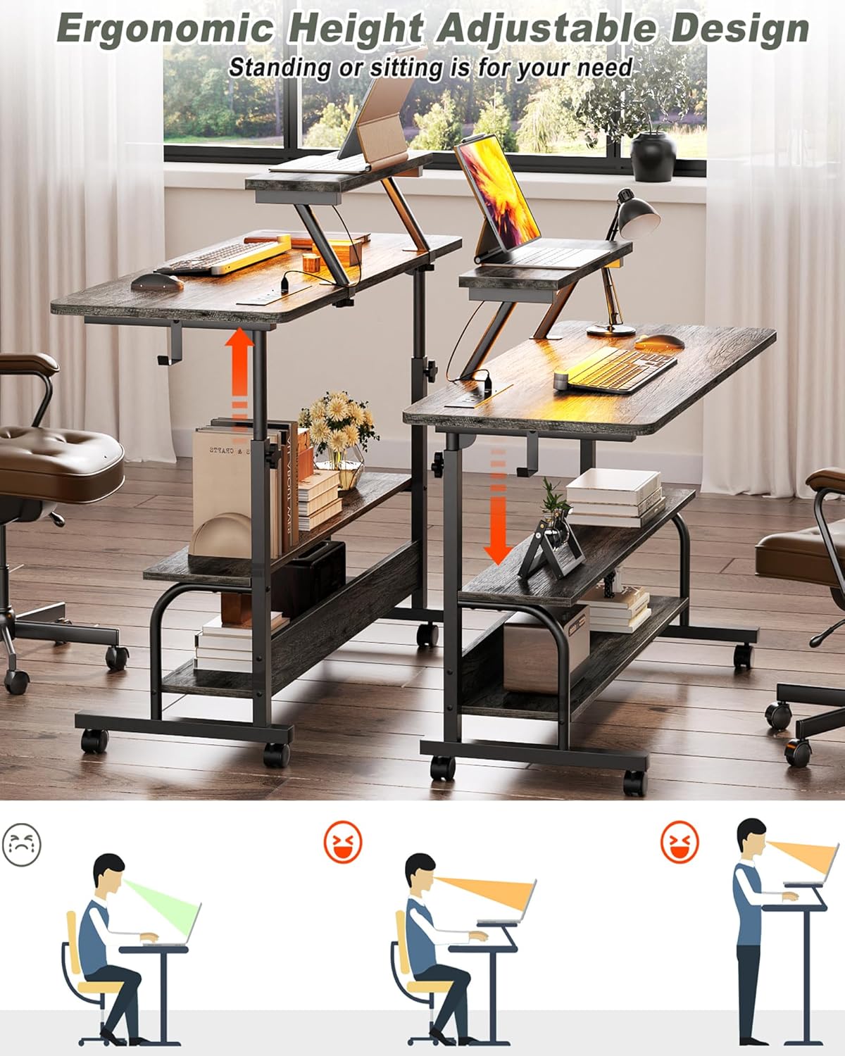 Height Adjustable Standing Desk with Power Outlets and LED Lights - 39" Manual Stand Up Desk with Monitor Stand and Storage Shelves Small Mobile Rolling Computer Desk Portable Laptop Table, Grey Oak