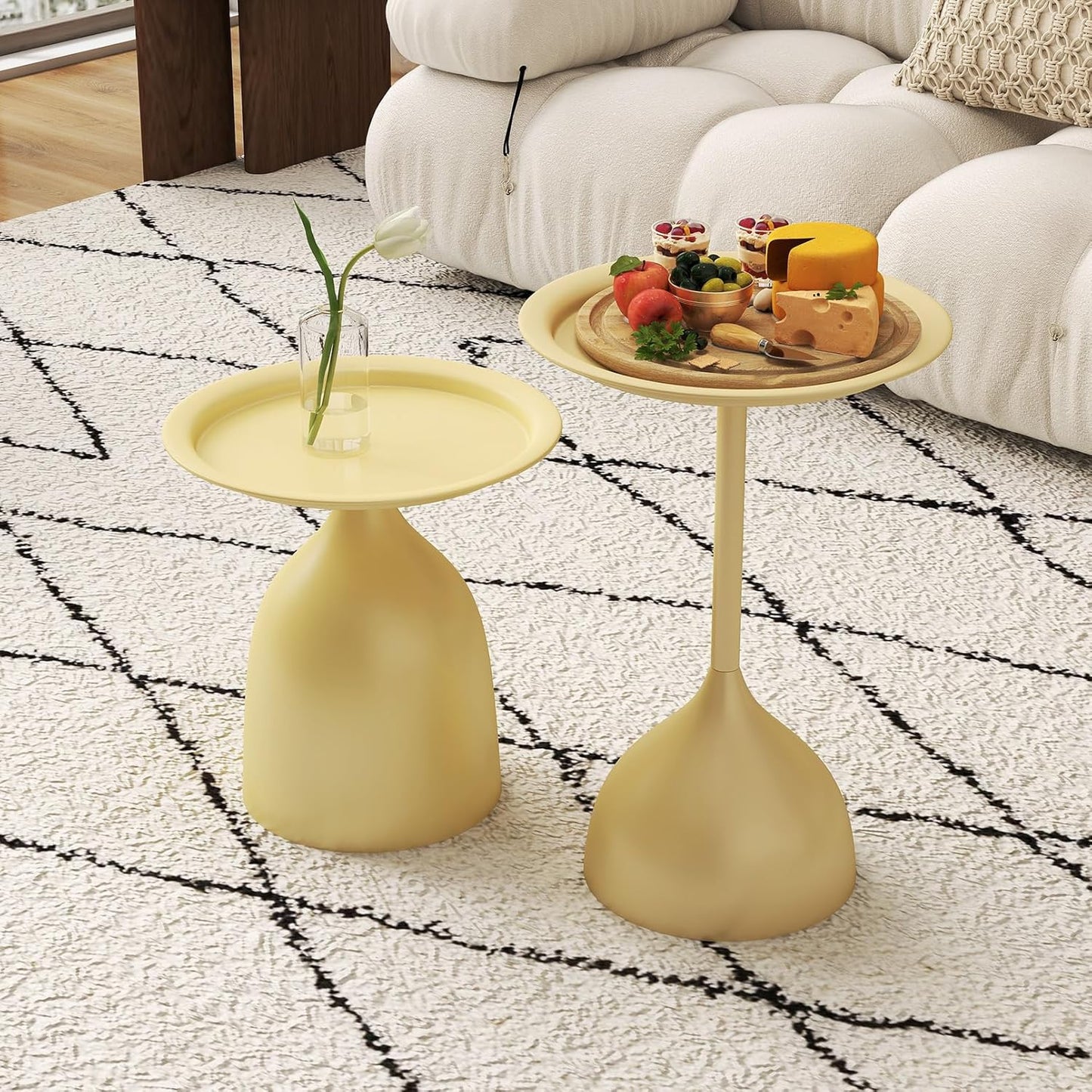 hitsuki Yellow Nesting Coffee Table Set of 2 Funky Colorful Round Metal End Side Tables for Living Room Sofa Retro Modern Pedestal nightstand Cute Matte Cream Yellow Side Table
