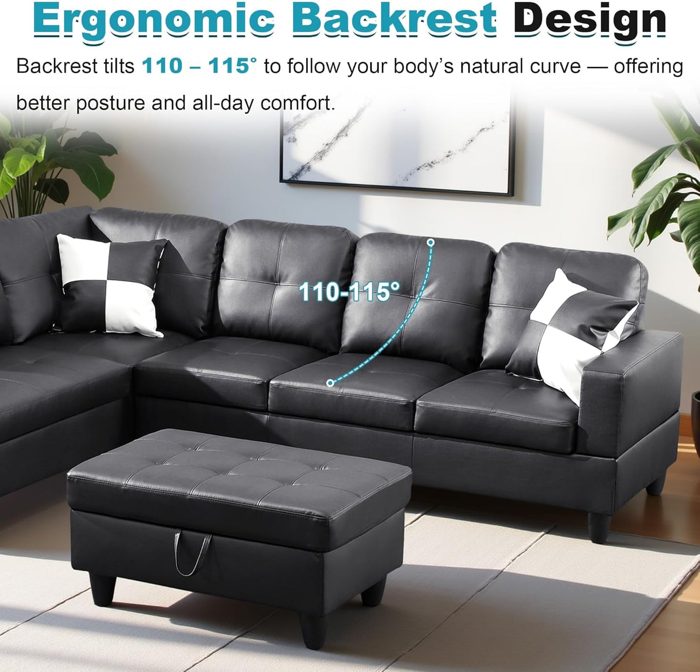 103.5" Oversized Sectional Couch, L Shaped Couch with Storage Ottoman, Modern Modular Sofa with Deep Seat, Sectional Couches for Living Room and Office, Jet Black (Faux Leather)