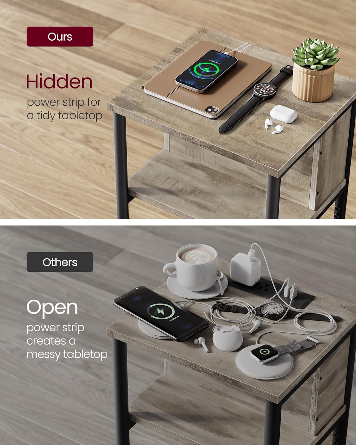 VASAGLE Side Table with Charging Station, 3-Tier End Table with USB Ports and Outlets, Nightstand for Living Room, Bedroom, 11.8 x 13.4 x 22.8 Inches, Plug-in Series, Camel Brown and Black