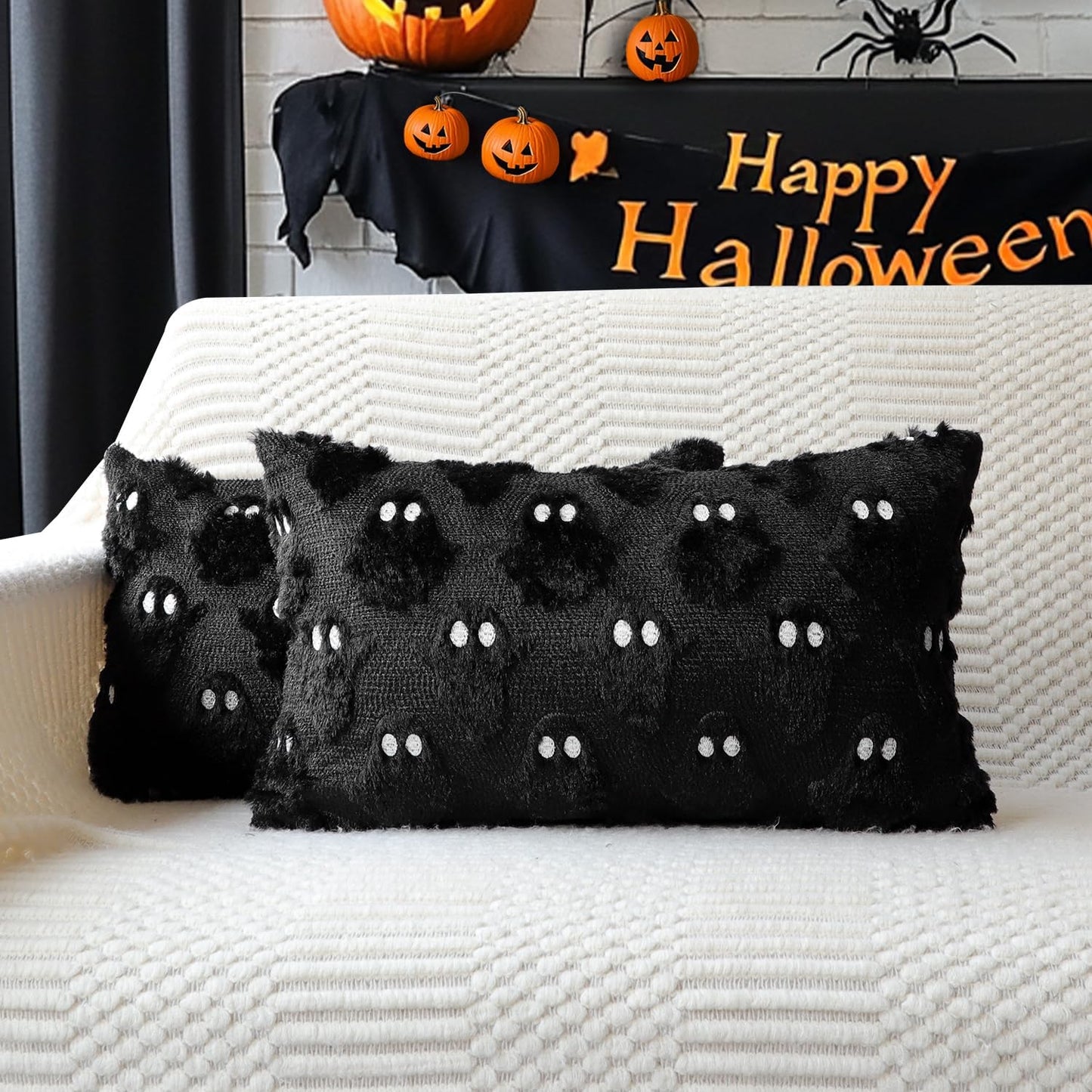 4TH Emotion Halloween Ghost Decorative Lumbar Pillow Covers 12x20 Set of 2, Black Soft Plush Faux Fur Farmhouse Throw Cushion Cases for Fall Autumn Holiday Home Decorations