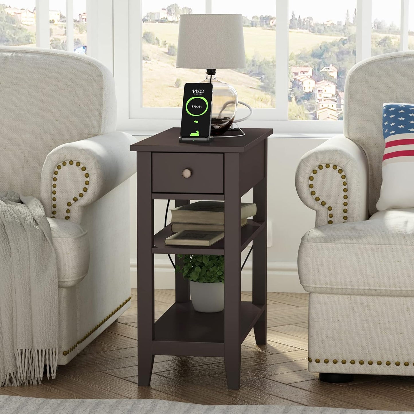 ChooChoo Narrow End Table with Charging Station, Side Table Living Room with USB Ports & Power Outlets and Hidden Drawer, 3-Tier Skinny Nightstand with 2 Open Storage Shelves For Small Place(Espresso)