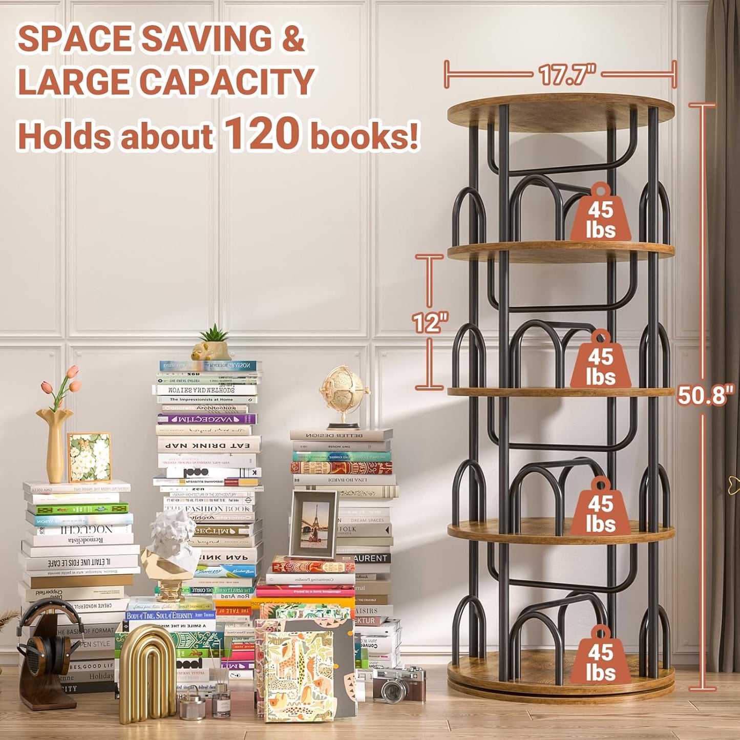 Aheaplus 4 Tier Rotating Bookshelf Tower, 360 Display Spinning Bookcase, Revolving Round Book Shelf Narrow Swivel Bookshelf, Vertical Turning Corner Book Organizer for Small Space, Rustic Brown