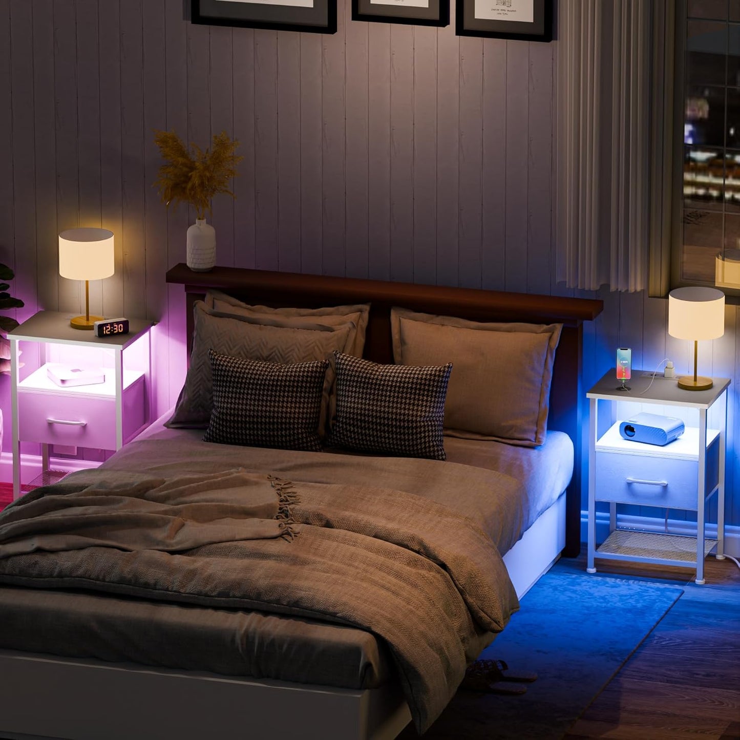 Nightstands Set of 2 with Charging Station and Drawer, End Table Bedside Table with 20 Colors LED Light Strip and 2 Layers Shelf for Bedroom Living Room Sofa Couch (White)