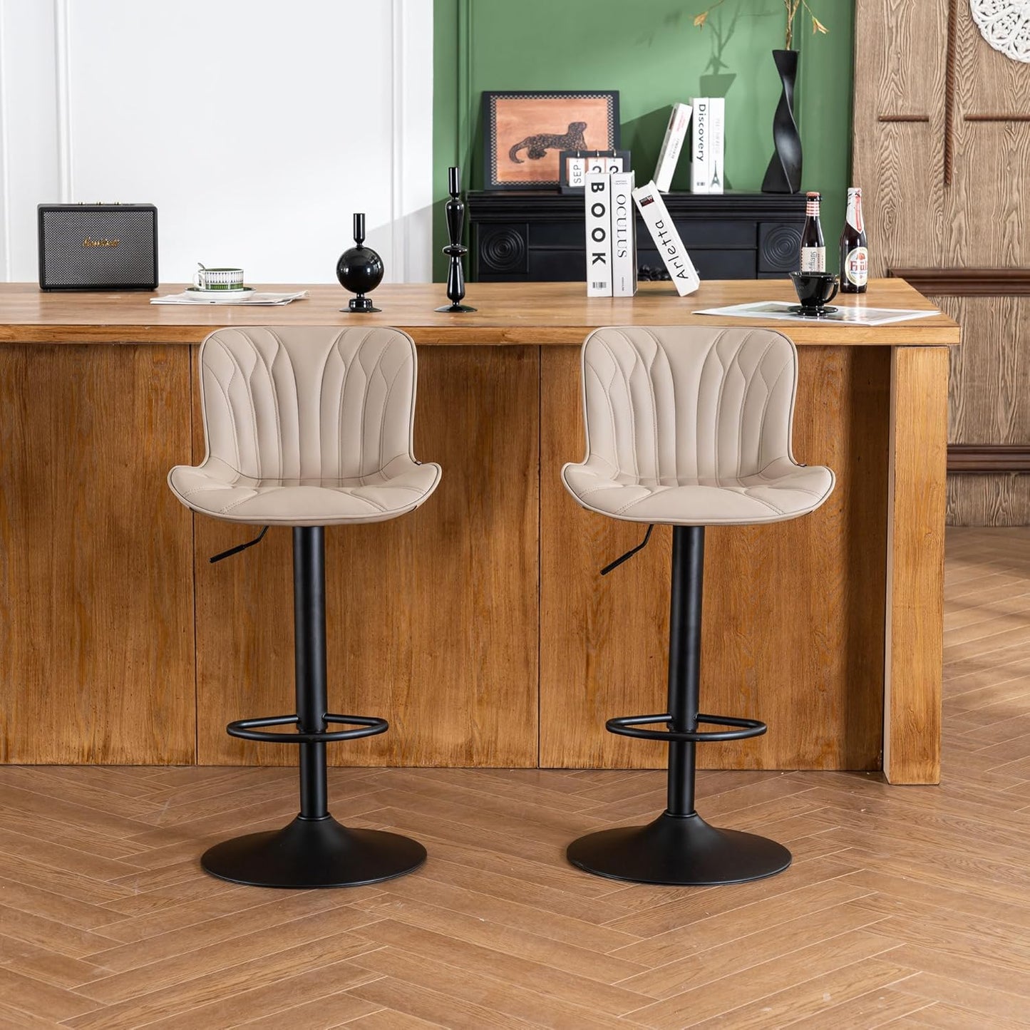 YOUNIKE Khaki Bar Stools Set of 2 Modern Swivel Counter Height Bar Chairs with Back Adjustable Kitchen Island Faux Leather Padded Tall Barstools Comfortable Upholstered Breakfast Stools