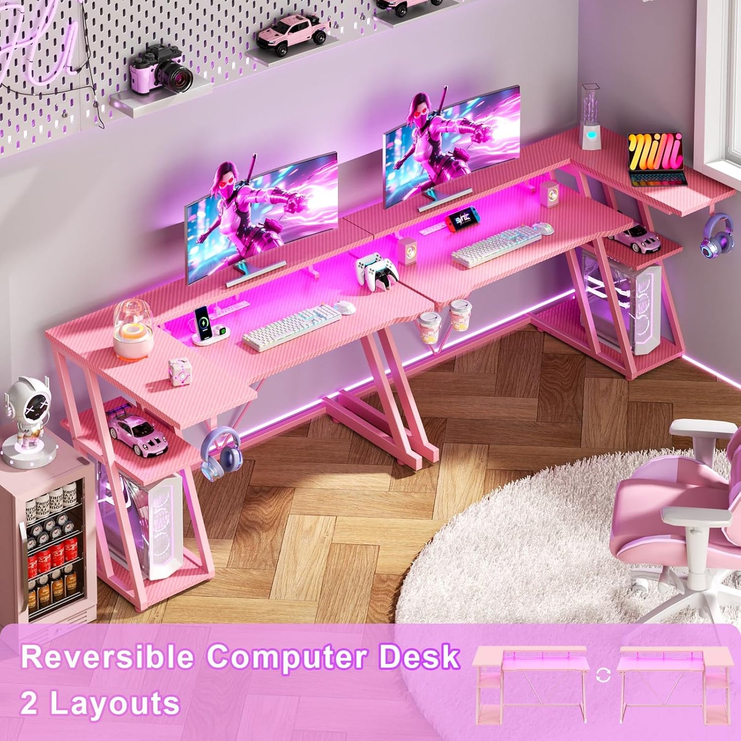 47 Inch Pink Gaming Desk with Power Outlet & LED Lights, Corner Computer Desk with 3 Tiers Storage Shelves, L Shaped Gaming Desk with Monitor Stand for Bedroom