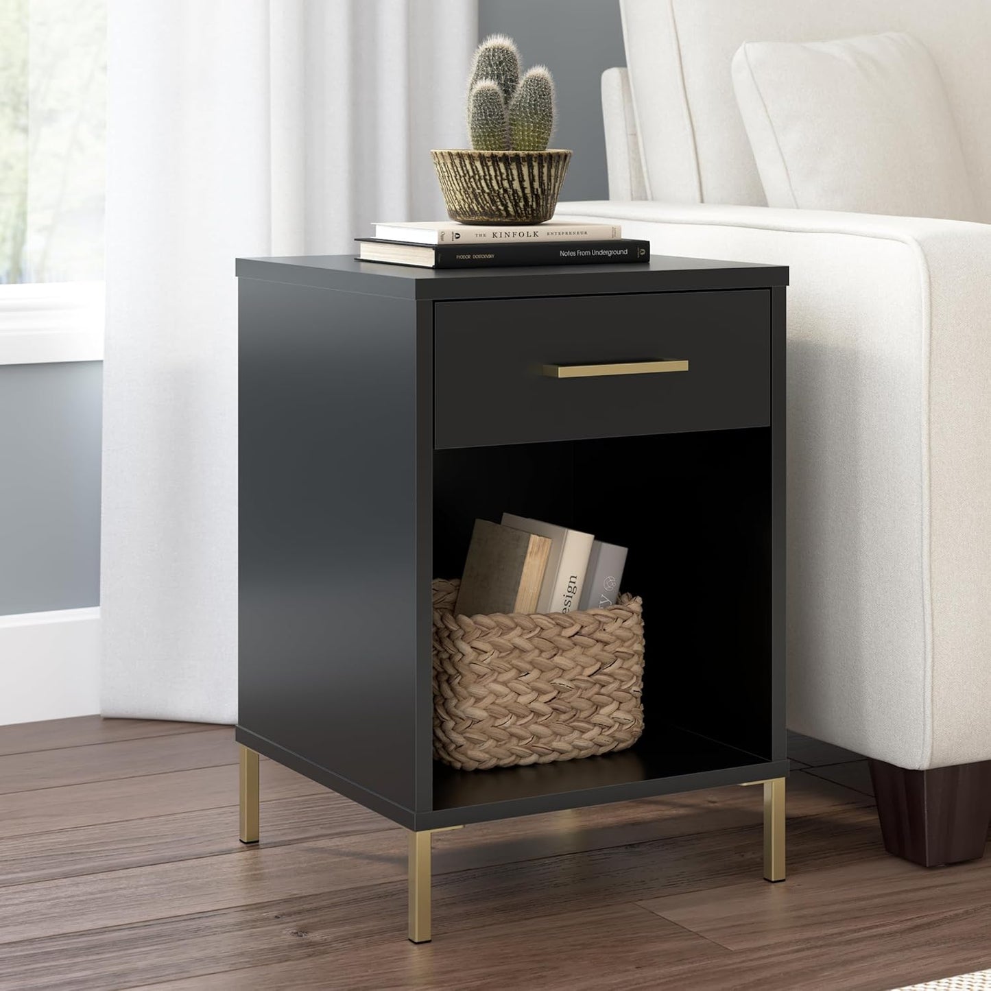 Bush Home Essence End Table with Drawer, Living Room and Bedroom Furniture, Essence Collection, Black Stipple