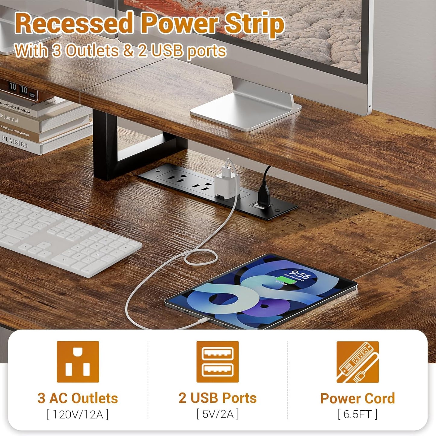 Aheaplus Computer Desk with 3 Drawers, Home Office Desk with File Drawer & Power Outlet, 59'' Gaming Desk with Led Lights, Long Work Desk with Storage, Printer Cabinet and Monitor Shelf, Rustic Brown