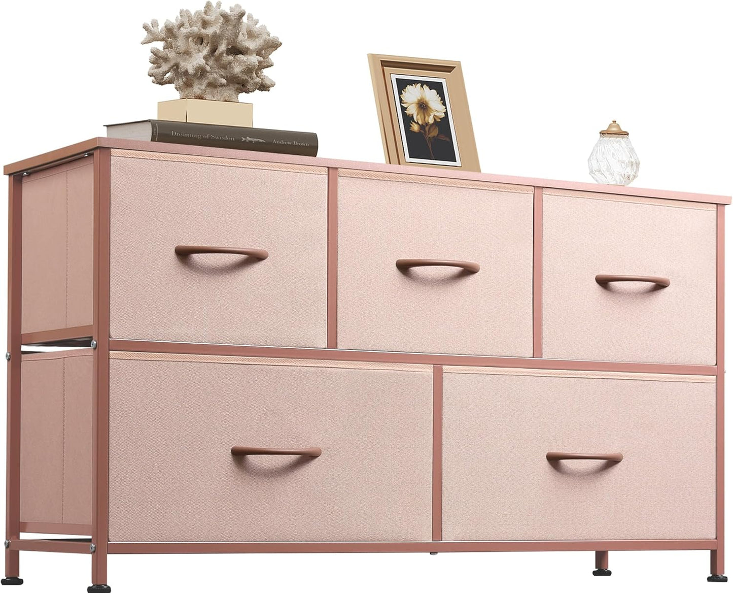 WLIVE Dresser for Bedroom with 5 Drawers, Wide Chest of Drawers, Fabric Dresser, Storage Organization Unit with Fabric Bins for Closet, Living Room, Hallway, Pink and Rose Gold