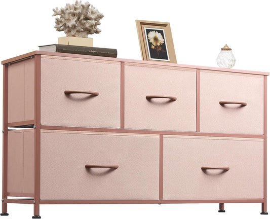 WLIVE Dresser for Bedroom with 5 Drawers, Wide Chest of Drawers, Fabric Dresser, Storage Organization Unit with Fabric Bins for Closet, Living Room, Hallway, Pink and Rose Gold