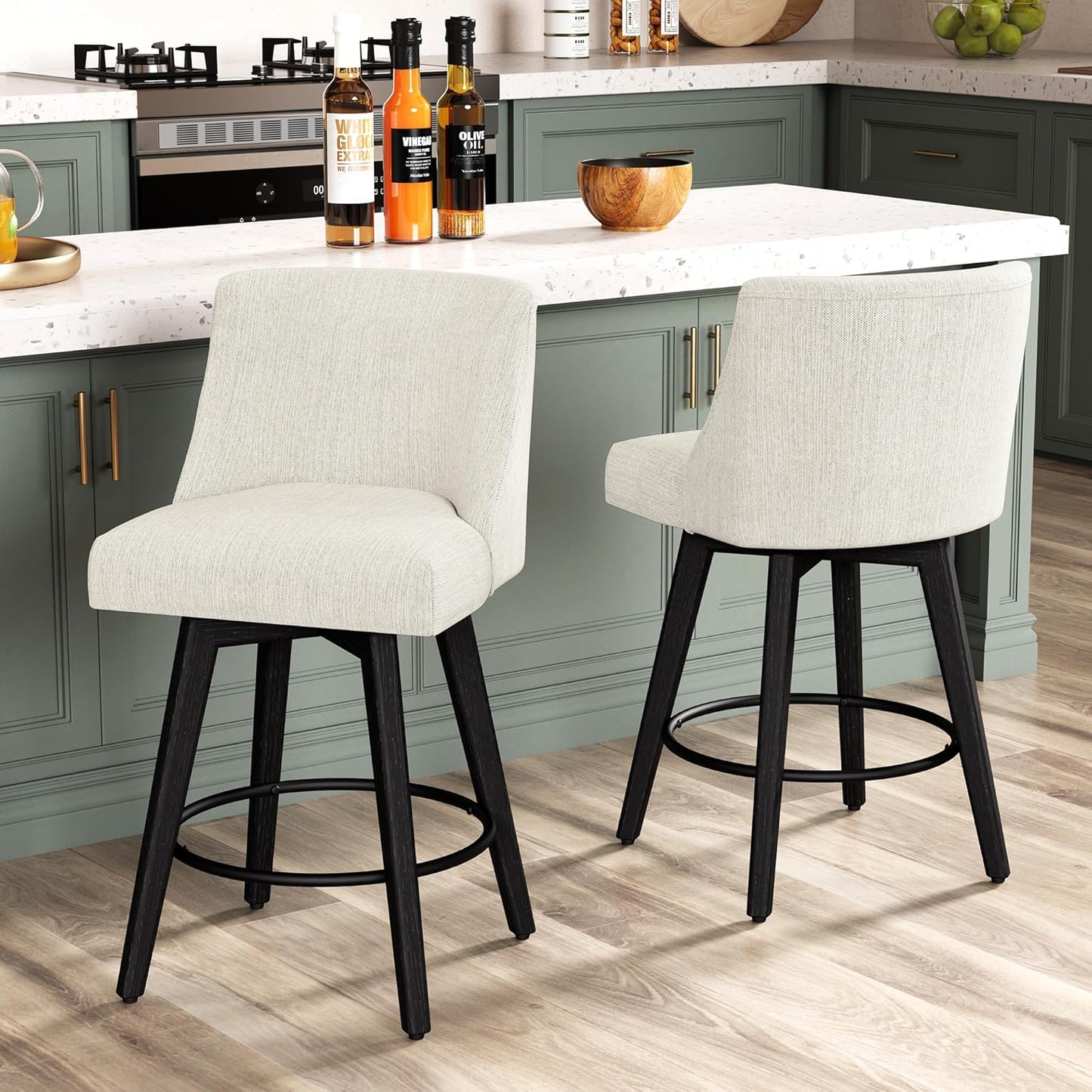 Counter Height Bar Stools Set of 2, Modern Swivel Barstools with Back and Wood Legs, Linen Fabric Upholstered Counter Height Stools, 26" H Kitchen Island Stools, Home Bar, Pub, Ivory