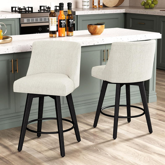 Counter Height Bar Stools Set of 2, Modern Swivel Barstools with Back and Wood Legs, Linen Fabric Upholstered Counter Height Stools, 26" H Kitchen Island Stools, Home Bar, Pub, Ivory