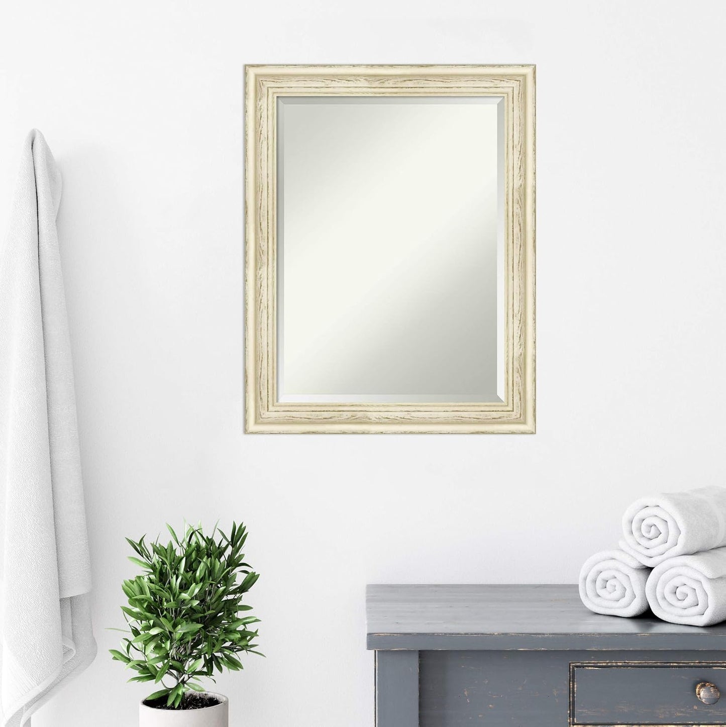Amanti Art White Bathroom Mirror for Over Sink, 29x23 Country White Wash Rectangle Vanity Mirror, Medium Rustic Farmhouse Wood Frame, Hangs Horizonally and Vertically, Bathroom Wall Decor, Beveled