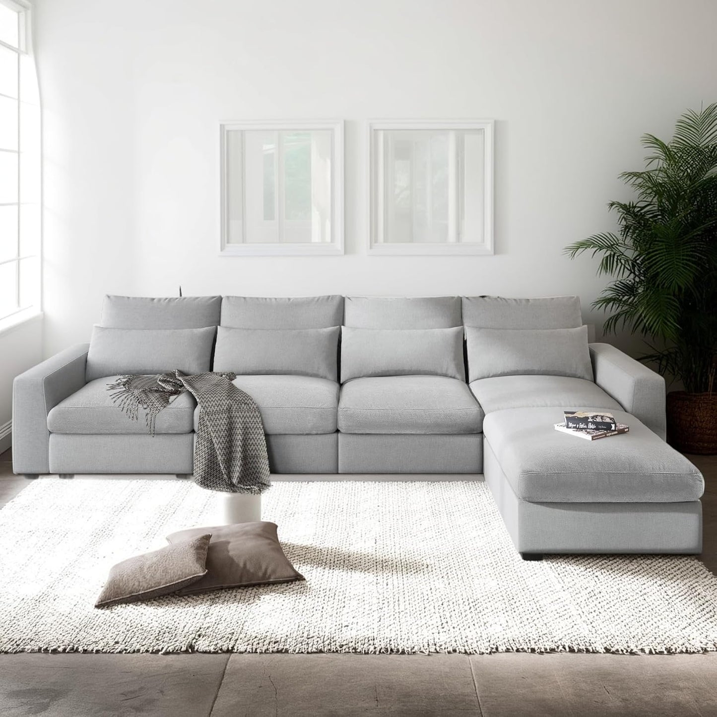 129.9 Inch Modern Oversized L-Shape Feather Filled Sectional Sofa with Ottoman, 5-Seater Modular Convertible Couch w/Reversible Chaise and 4 Pillows for Living Room, Apartment, Light Gray