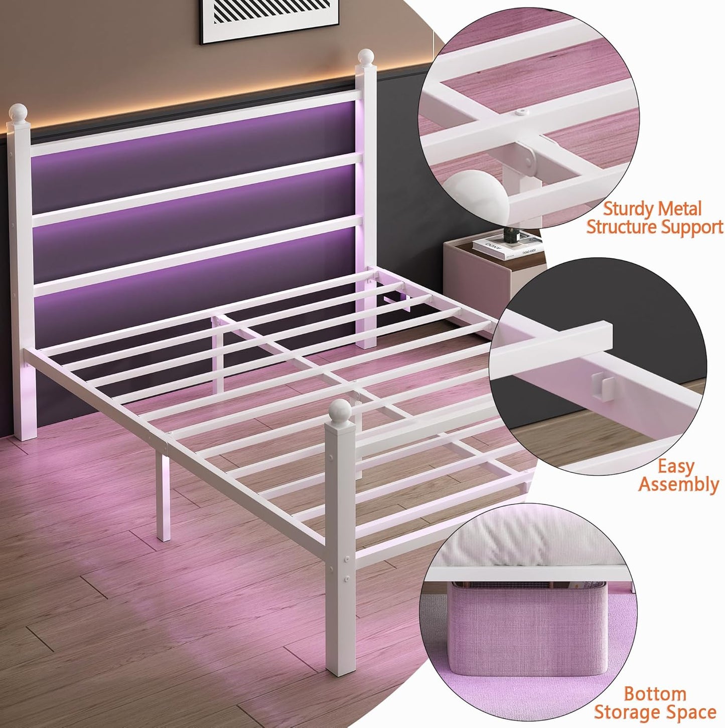 Twin Bed Frame with Headboard and Footboard,Steel Slats Support-LED Bed Frame with USB Charging Station,Mattress Foundation-Under Bed Storage,No Box Spring Needed,Noise Free,White