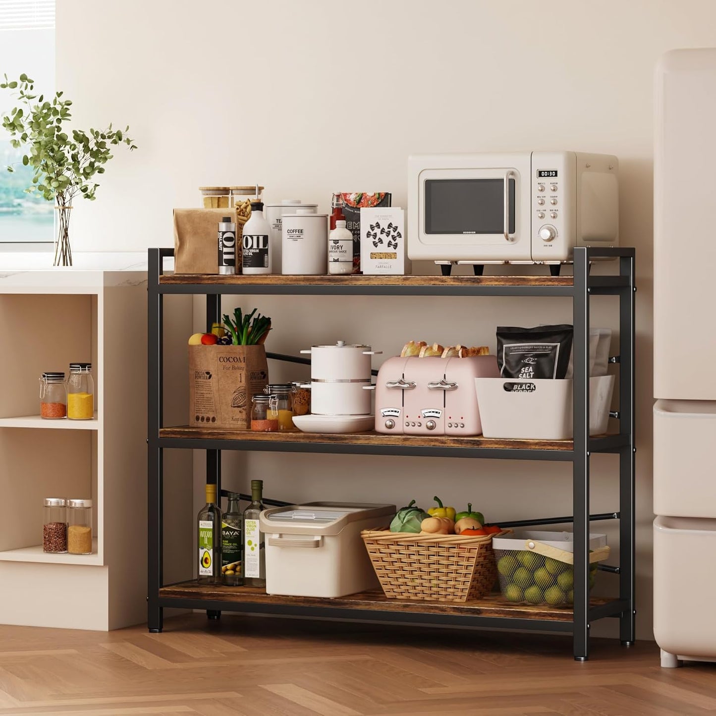 3 Tier Bookshelf 39.37" Width, Long Industrial Bookcase, Vintage Farmhouse Modern Wooden Big Book Shelf for Home Living Room Bedroom Office Storage(Rustic Brown)