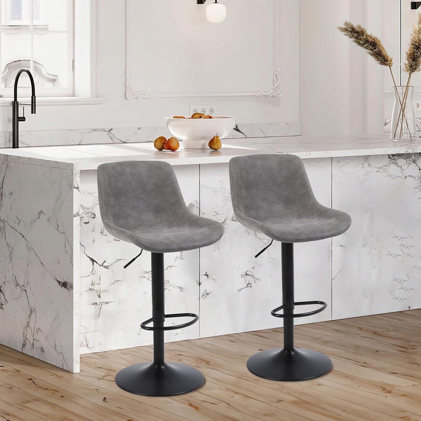 Bar Stools, Swivel Counter Height Barstools with Back, Adjustable Modern Bar Chairs, Tall Armless PU Leather Kitchen Island Stool (Grey, Set of 3)