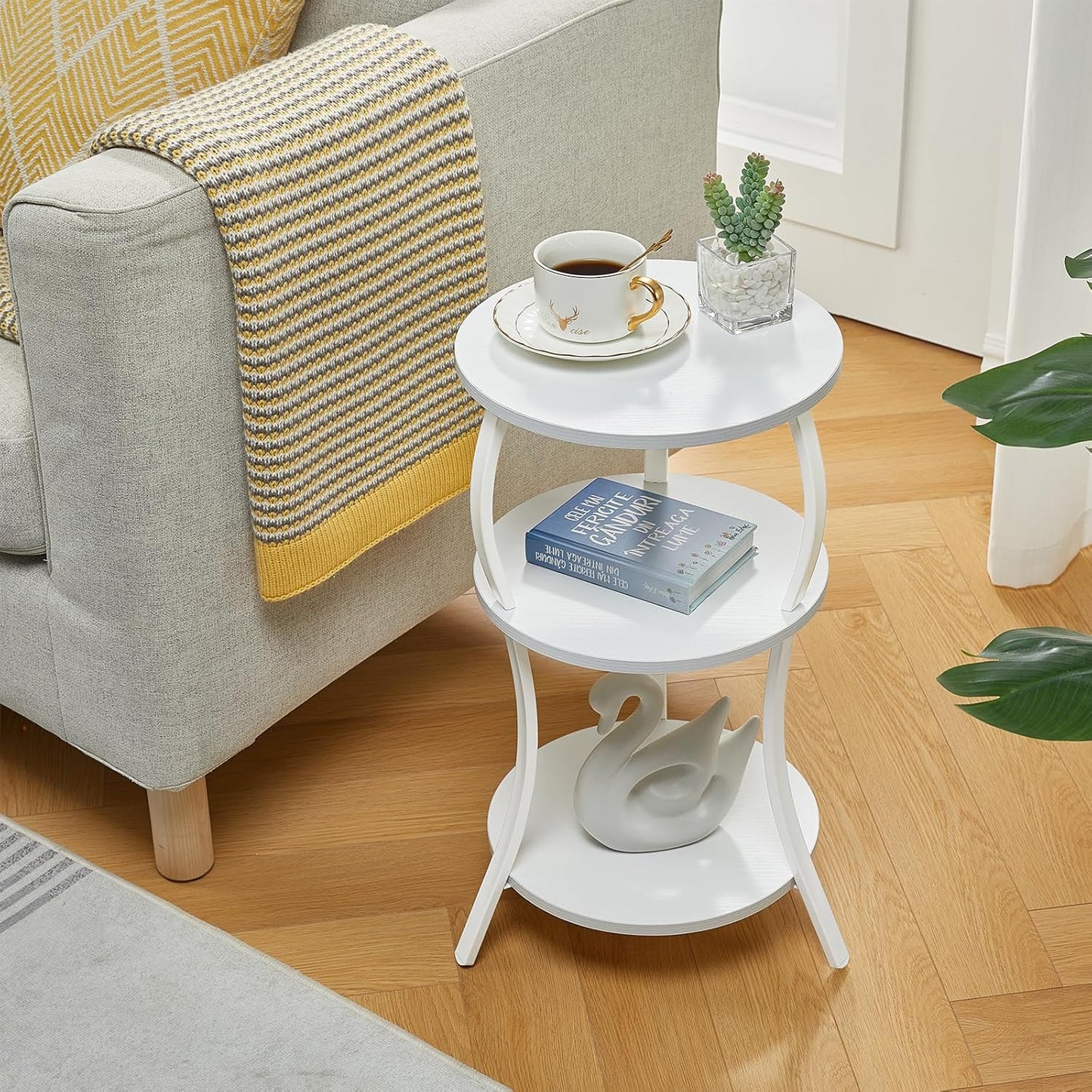 Vintage Small Round Side Table, 3-Tier Slim Waist Circular End Table with Storage Shelf, Compact Tea Sofa Table, Round Corner Coffee Table Nightstand for Living Room Bedroom Small Spaces,White