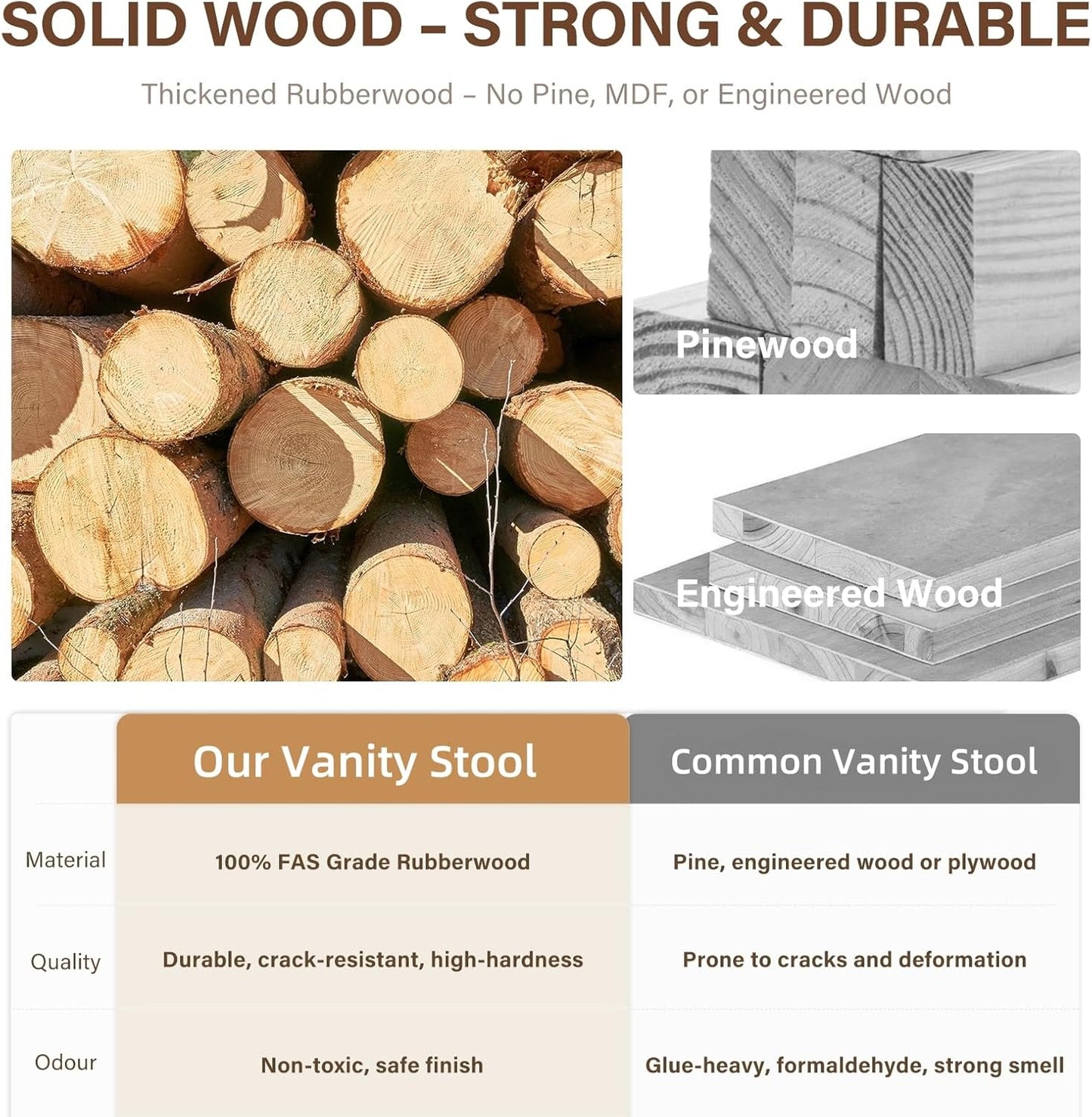 Solid Wood Small Vanity Stool, Compact Makeup Chair with Saddle Cushion, Linen-Covered High Rebound Sponge Seat, Easy Assembly Footstool for Bedroom, Entryway, Home, Black