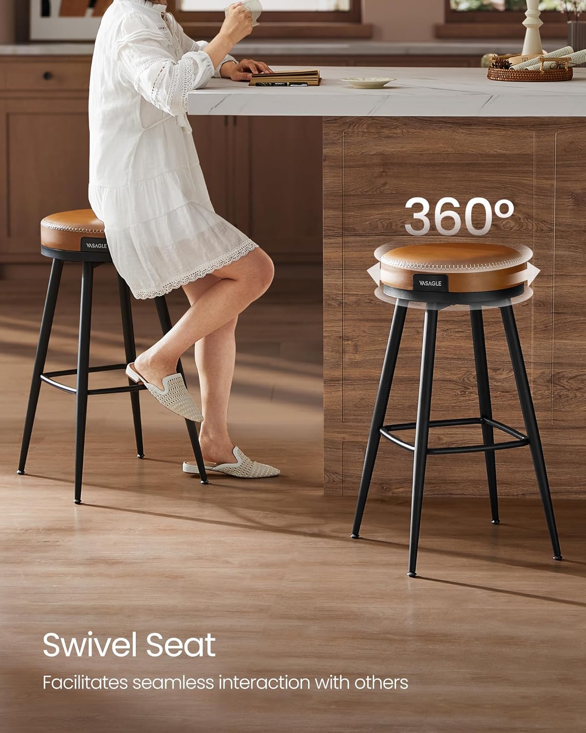 VASAGLE EKHO Collection - Swivel Bar Stools Set of 2, Bar Height Backless Bar Stools, Synthetic Leather with Stitching, Mid-Century Modern, 30-Inch Tall Kitchen Barstools for Home Bar, Caramel Brown