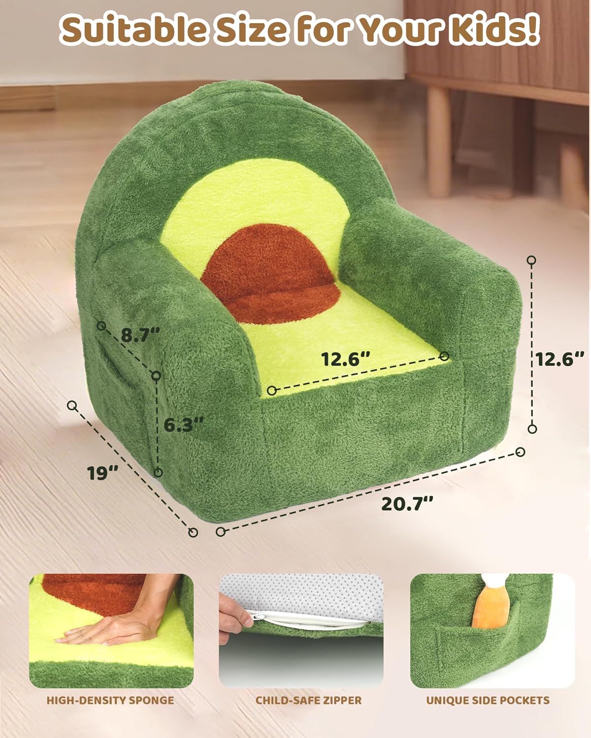 Toddler Chair, Comfy Foam Kids Couch with Soft Velvet Cover, Toddler Couch with Cute Avocado Design for Gaming and Studying, Kids Sofa for Boys and Girls
