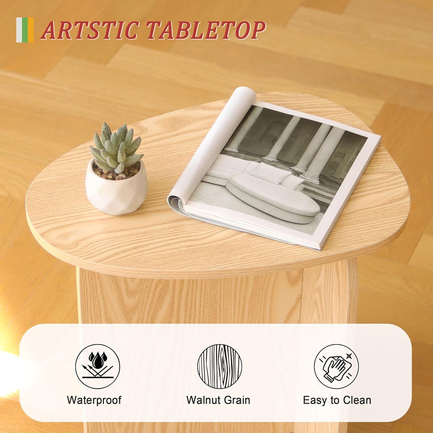 AWASEN Small Side Table, Mini End Table Living Room, Modern Accent Table with Unique Tabletop, Short Bedside Table for Small Spaces, Natural