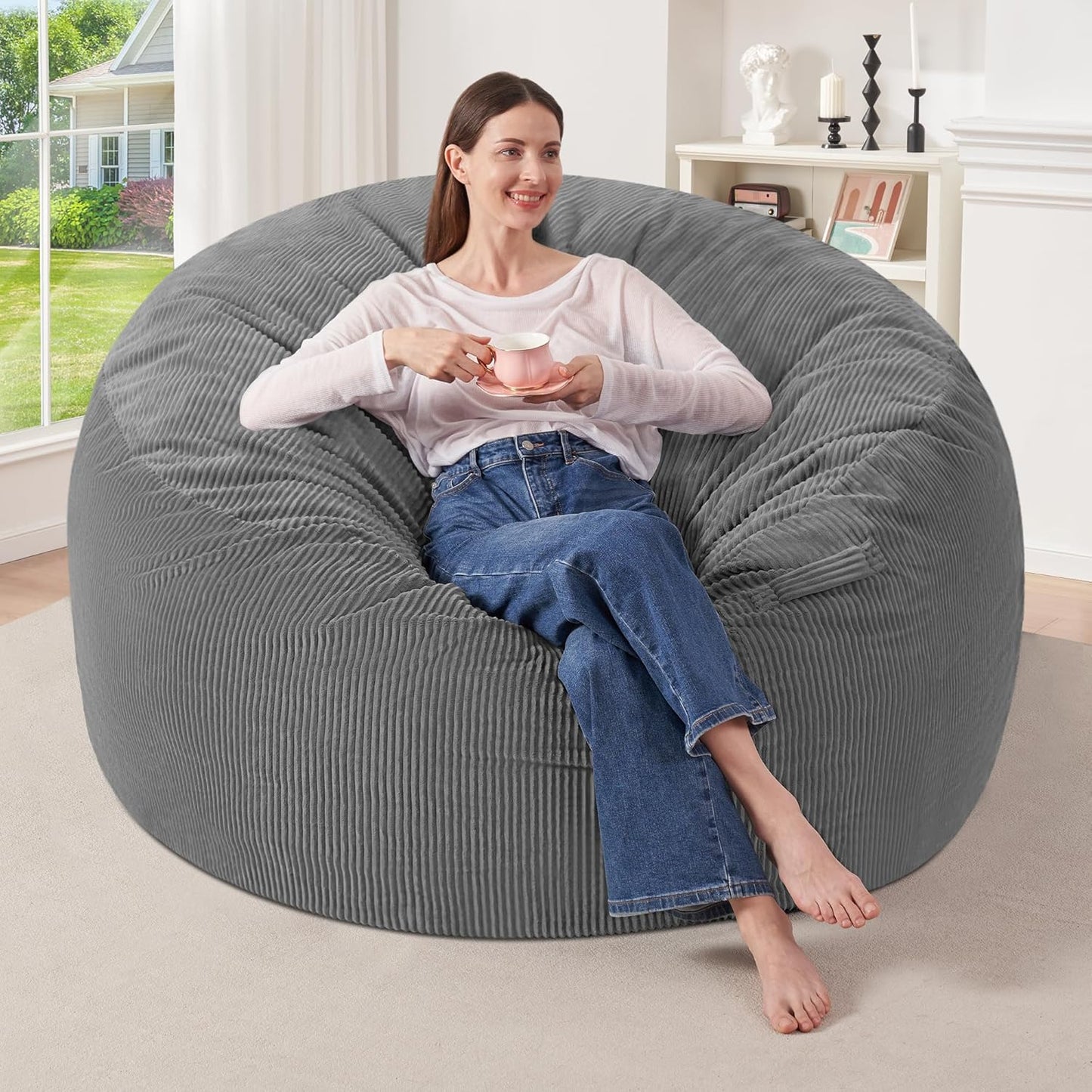 HABUTWAY 3FT Bean Bag Chair,Giant Bean Bag Chairs for Adults,Big Bean Bags with Memory Foam Filled, Large Beanbag Chairs with Soft Corduroy Cover-Grey