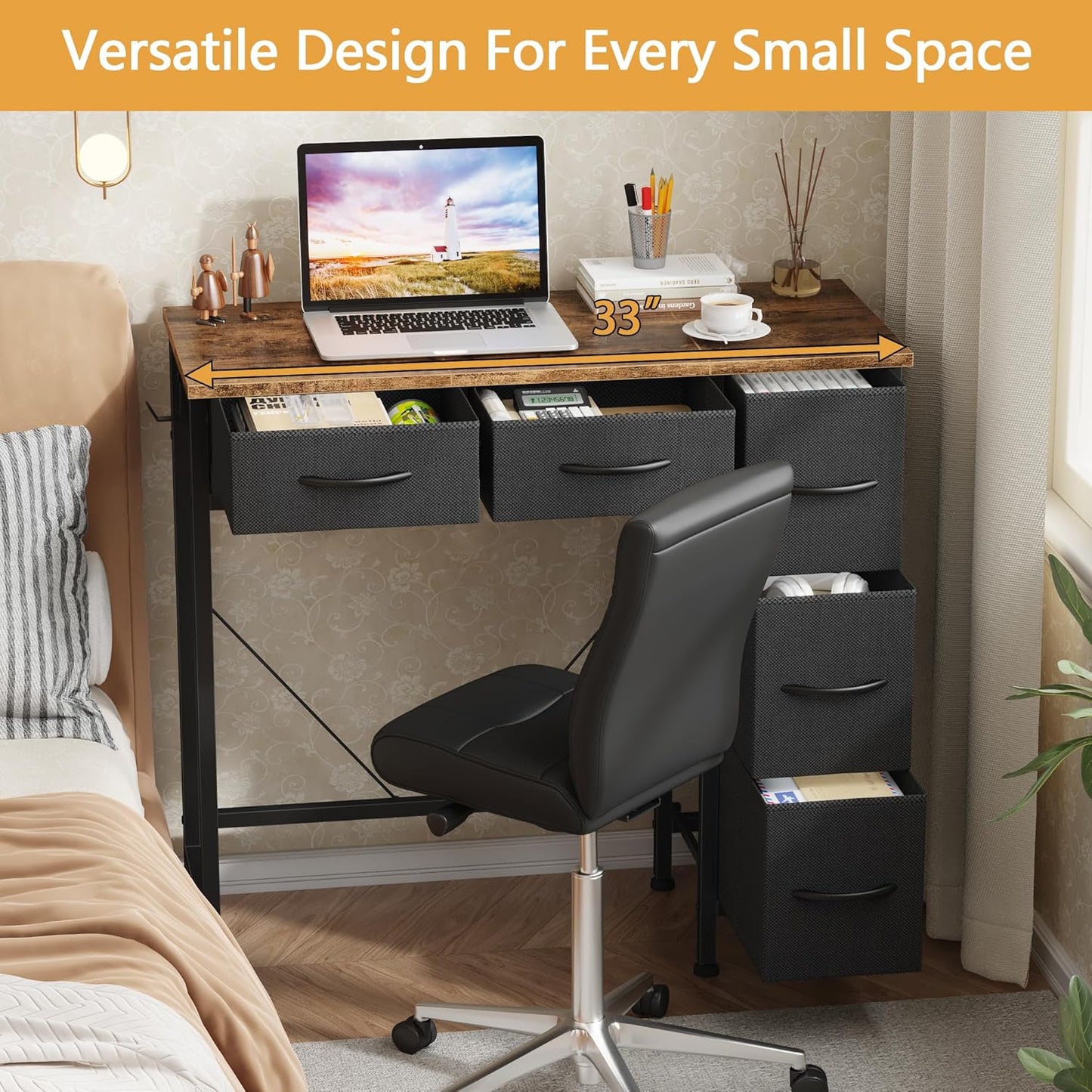 Small Desk with 5 Fabric Drawers, 33 Inch Computer Desk for Home Office, Simple PC Desks for Small Places, Kids Girls Teen Wrting Table Study Table for Bedroom Dorm, Rustic Brown