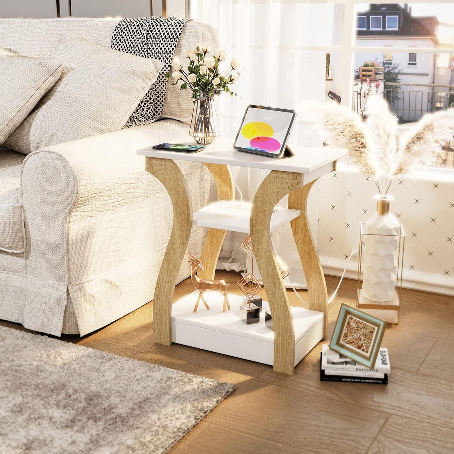 End Table Set of 2 with Charging Station, Side Table with USB Ports and Outlets, Nightstand, 3 Tier End Table with Storage Shelf for Living Room, Bedroom (White Set of 2)