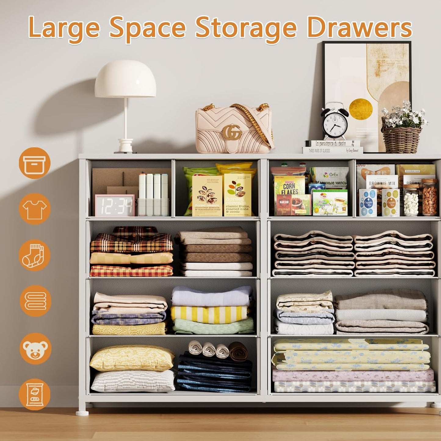 Furnulem Bedroom Dresser White for 55”Long TV Stand Entertainment Center Dressers & Chests of Drawers,10 Storage Fabric Drawer, Sturdy Metal Frame Tall Storage Cabinet for Living Room, Entryway