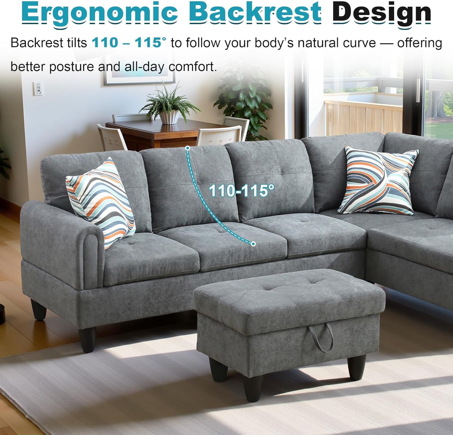 97" Oversized Sectional Couch, L Shaped Couch with Storage Ottoman, Modern Modular Sofa with Deep Seat, Sectional Couches for Living Room and Office, Dark Grey (Fluffy Fabric)