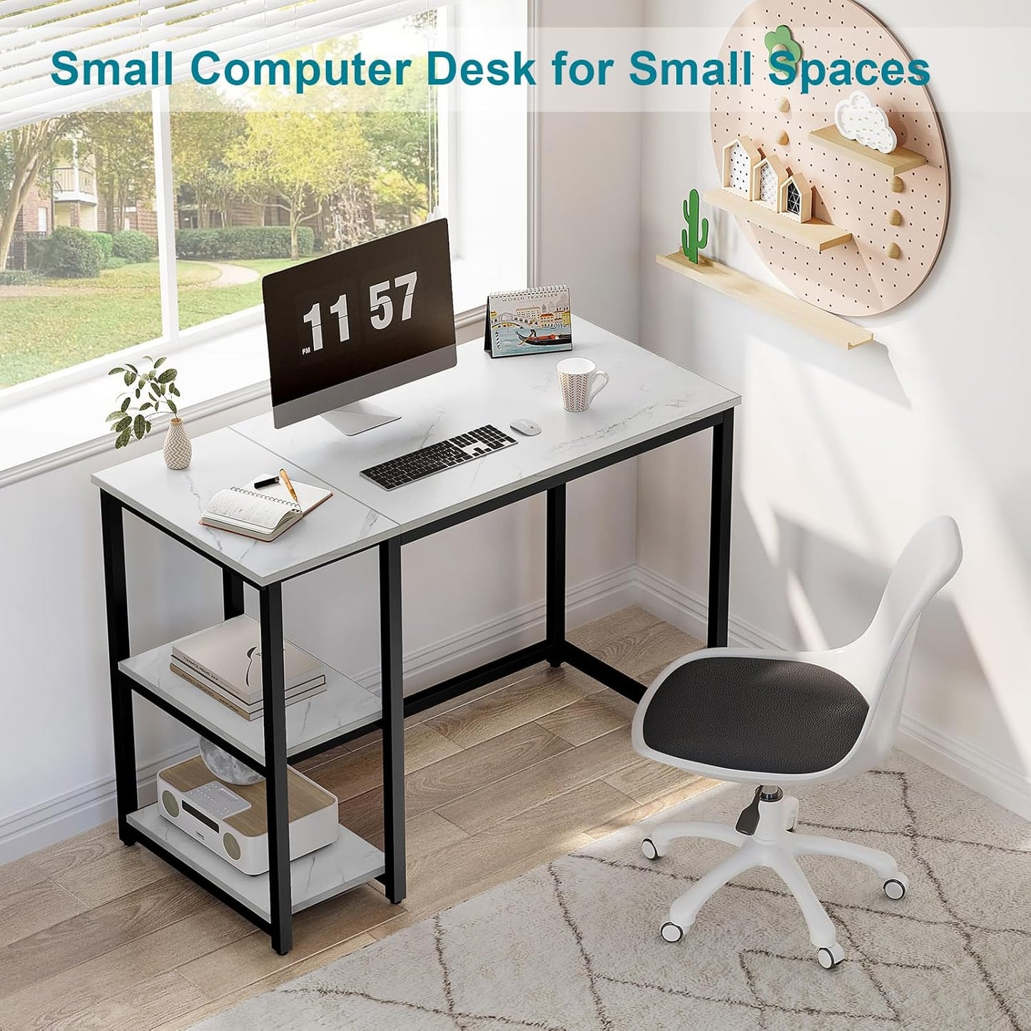 SINPAID Computer Desk 40 inches with 2-Tier Shelves Sturdy Home Office Desks with Large Storage Space Modern Gaming Desk Study Writing Laptop Table, Black Marbling (White Marble, 40 inch)