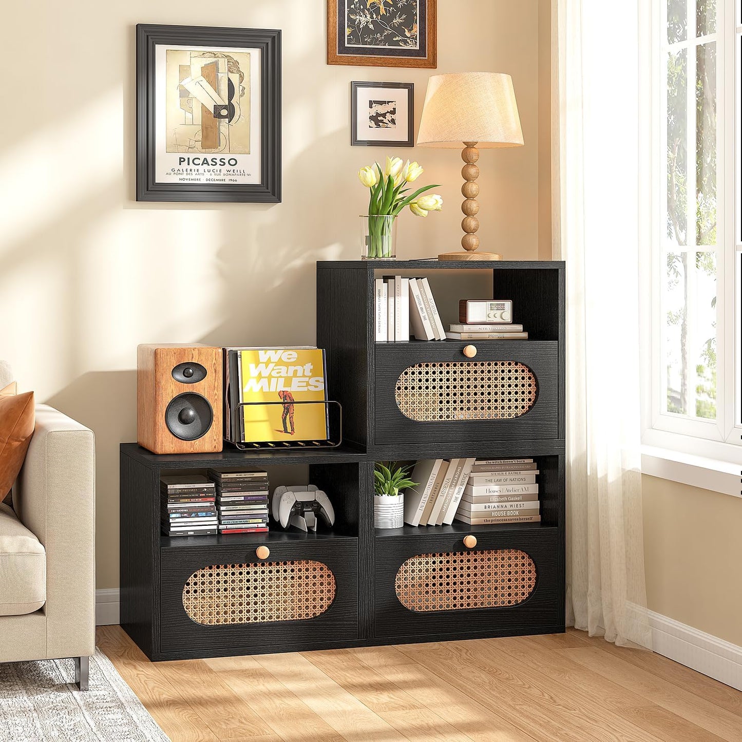 3-in-1 Modular TV Stand with Rattan Doors, DIY Media Console Boho Entertainment Center Modern TV Cabinet with Open Shelves,Black