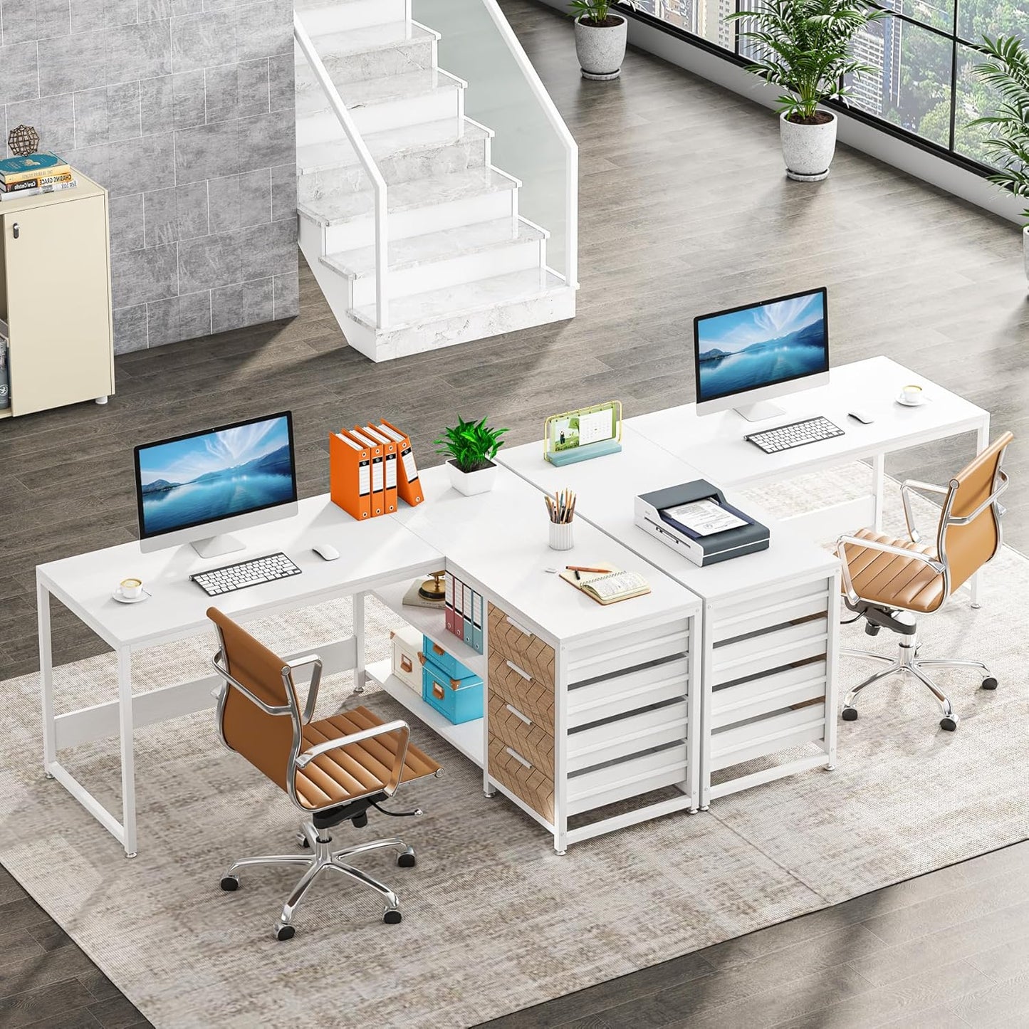 LITTLE TREE 59-Inch L Shaped Desk with Drawers, Large Computer Desk with Storage Shelves, Reversible L-Shaped Corner Desk Workstation for Home Office