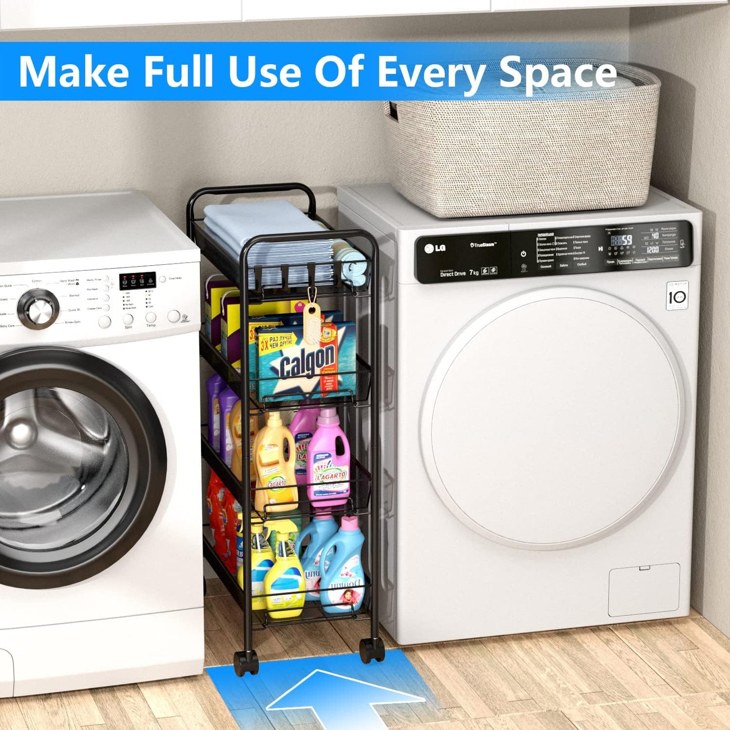 OVICAR 4 Tier Mesh Wire Rolling Cart, Kitchen Storage Organizer Utility Cart, Full Metal Basket Storage Art Trolley Carts with Wheels & 4 Side Hooks